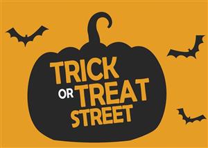 silhouette of pumpkin and bats. pumpkin says "trick or treat street"