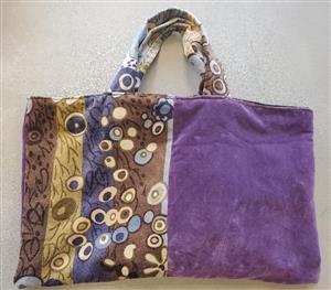 Purple and pattern handmade bag from sewing class