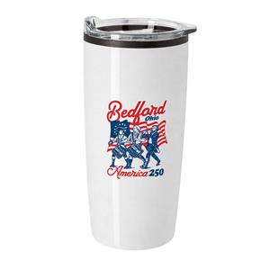 white tumbler with america 250 bedford logo