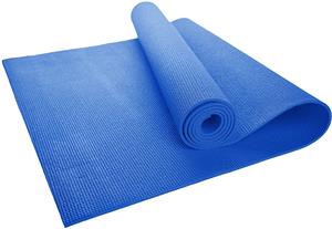 Blue yoga mat half laid out and half rolled
