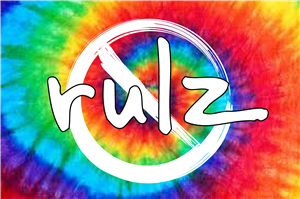 White "Rulz" with a white minuscule sign over the text. Rainbow tie-dye spiral background.