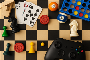 image of boardgame pieces, chessboard, playing cards, billiards balls and video game controller