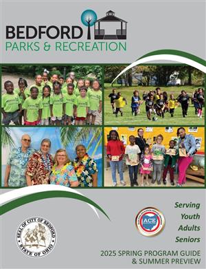 cover of our 2025 spring guide with participant photos for summer camp, soccer, art program and senior citizen party
