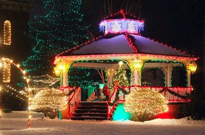 Gazebo on the Commons with holiday lights and decorations