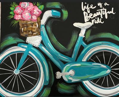teal bike with basket of pink flowers with black background