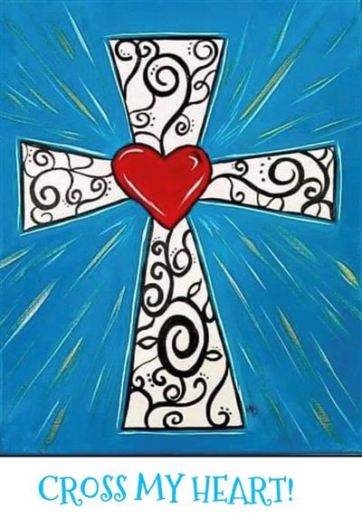 white cross with heart over blue background
