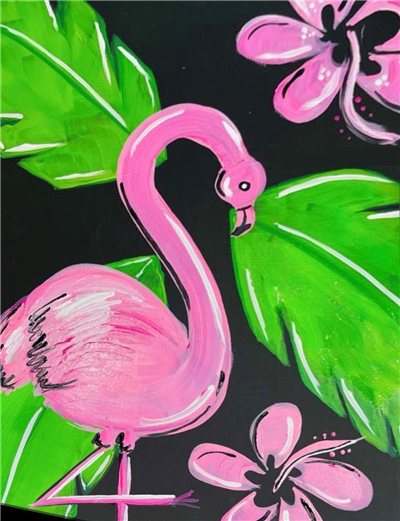 pink flamingo with black and tropical leaves and flowers background
