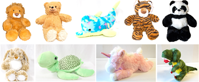 Picture of 9 stuffed animals Brown Bunny, Turtle, Lion, Dolphin, Honey Bear, Tiger, Unicorn, Panda Bear, T-Rex