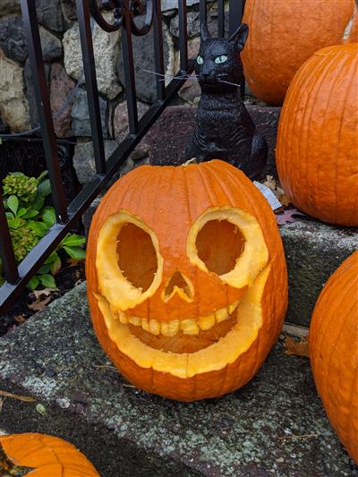 Pumpkin on front porch step carved with a skeleton face with large grin
