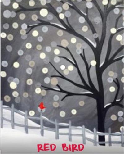 Painted snowy scene with a small, red bird