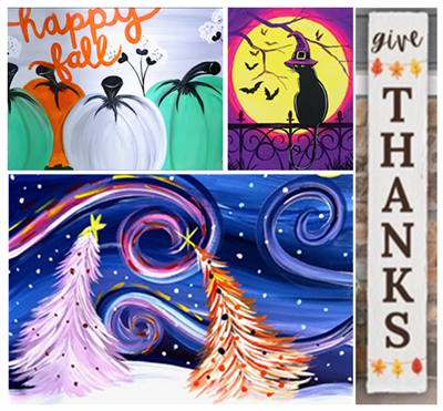 Collage of 4 paintings - fall pumpkins that are orange, white and teal; a silhouette of a black cat, tree, bats sitting on a fence in front of a large full moon; a white porch leaner that says "give thanks" and two evergreen whimsical trees during a snowfall evening Collage of 4 paintings - fall pumpkins that are orange, white and teal; a silhouette of a black cat, tree, bats sitting on a fence in front of a large full moon; a white porch leaner that says "give thanks" and two evergreen whimsical trees during a snowfall evening