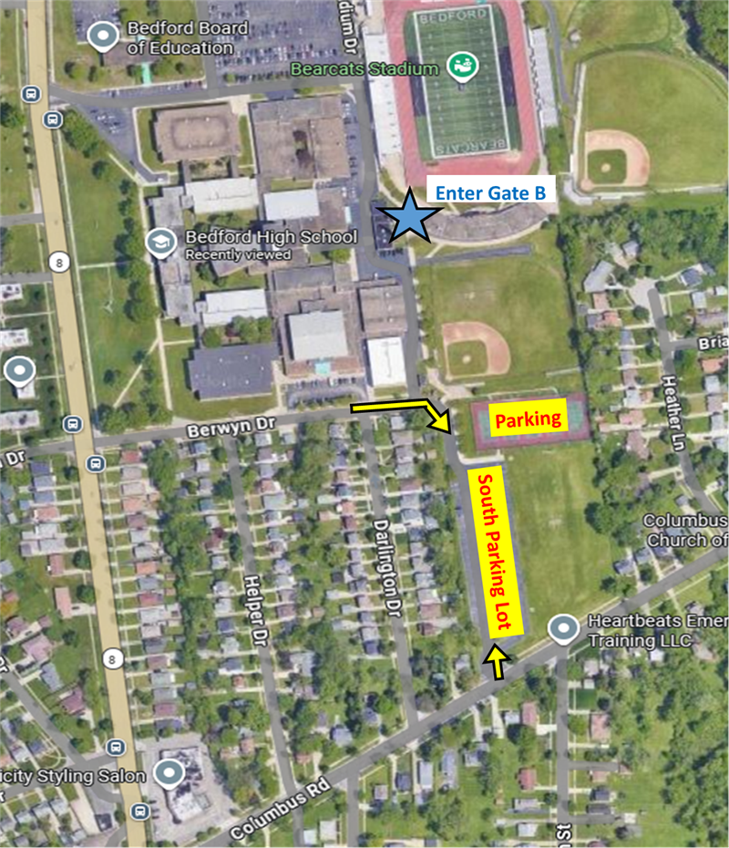 park on south parking lot and enter gate b of stadium