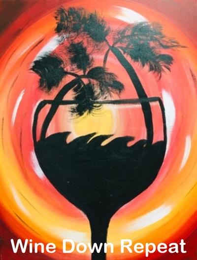 silhouette of wine glass and palm tree at sunset