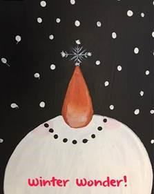 Snowman facing up in black, starry, snowy sky