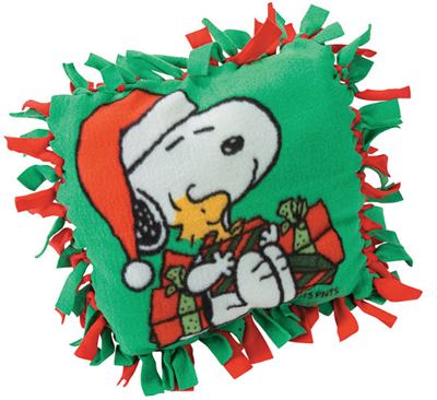 red and green fleece pillow with snoopy in Santa hat