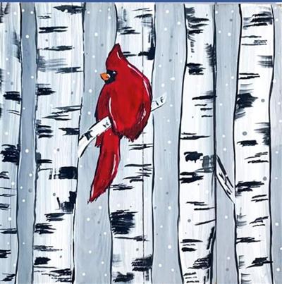 red cardinal in winter scene on white birch tree